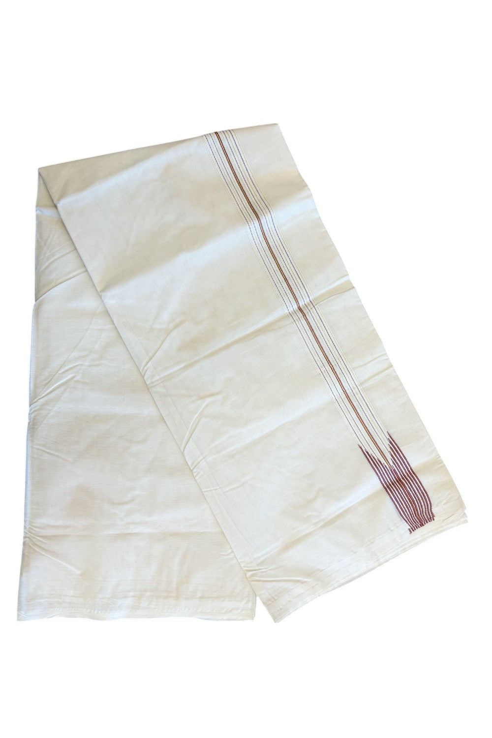 19% DISCOUNT ! KaithariKada 100% Cotton OFF WHITE - (Unbleached) Double Dhoti/Mundu- 100x100 -1.5 inch 12 Line Puliyilakkara Light Maroon & Kasavu Striped Kara- 12KK5133ASH