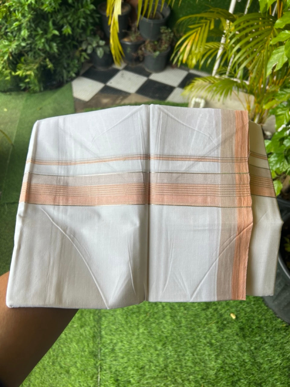 20% Discount !! KaithariKada Balaramapuram Double PURE WHITE Mundu/Dhoti- 100x80 - 1.5 inch Peach Light Brown Kara Silver Striped kara - 12KK5143PMC