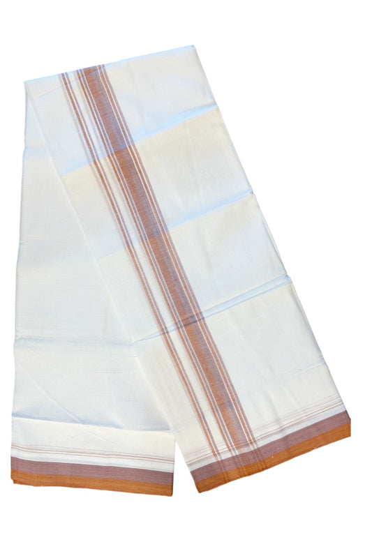 21% DISCOUNT!! Kaitharikada Balaramapuram 100% Cotton Ultra WHITE Double Mundu/Dothi-100x80  2.5 Inch BROWN & PINK STRIPED Cotton Kara -12KK63VAS