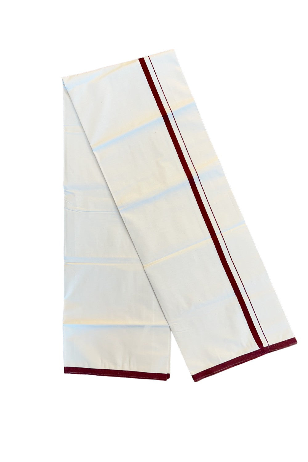 10% DISCOUNT ! KaithariKada Balaramapuram 100%  Cotton Single Off white (Unbleached) Mundu/Dhoti-(60S)- 2.5 cm MAROON  Kara-12KK76MC.