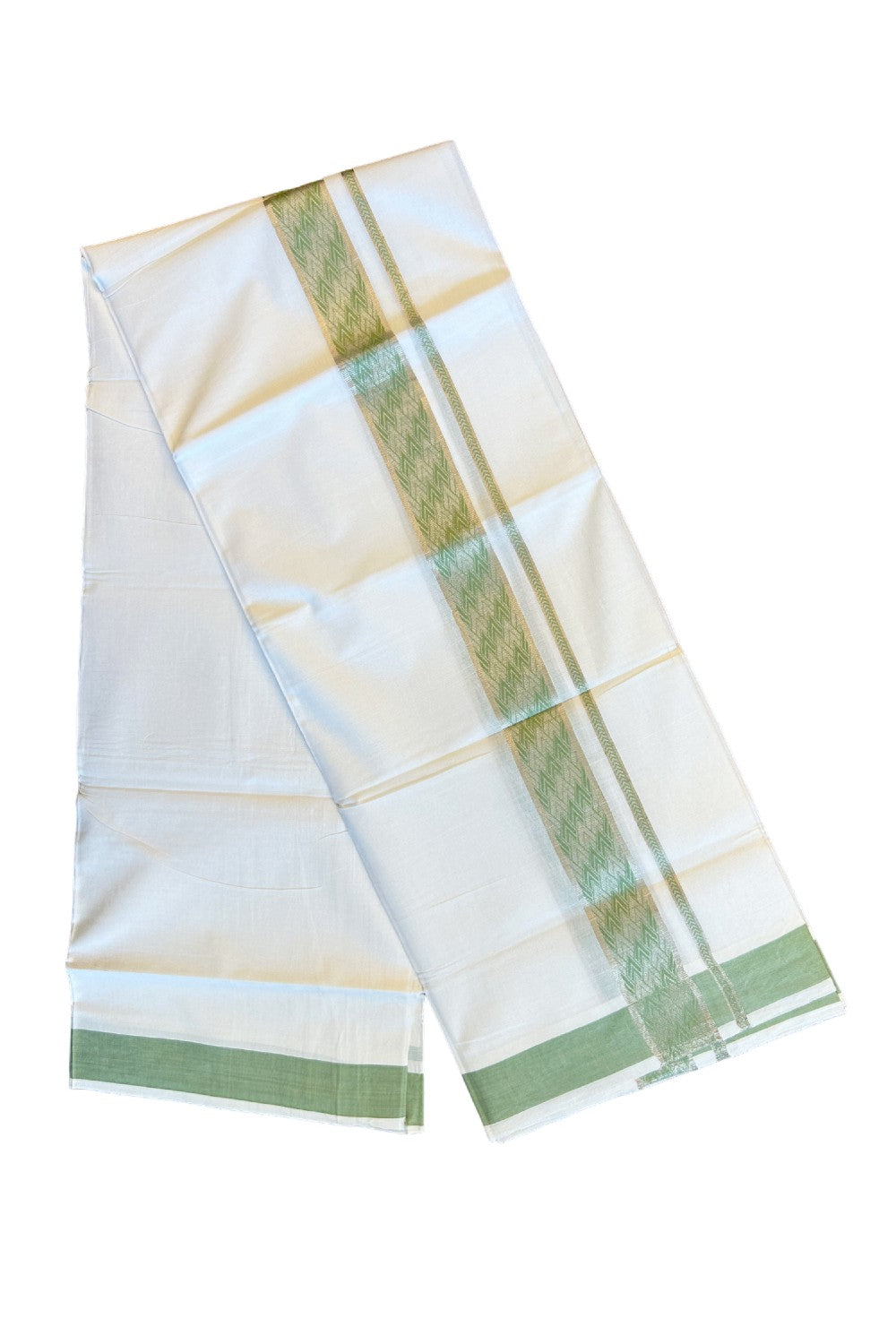 20% DISCOUNT! KaithariKada Balaramapuram 100% Cotton Double PURE white Mundu/Dhoti-100x100  2.25 Inch Silver kasavu parrot green pattern Kara  - 12KK79PMC