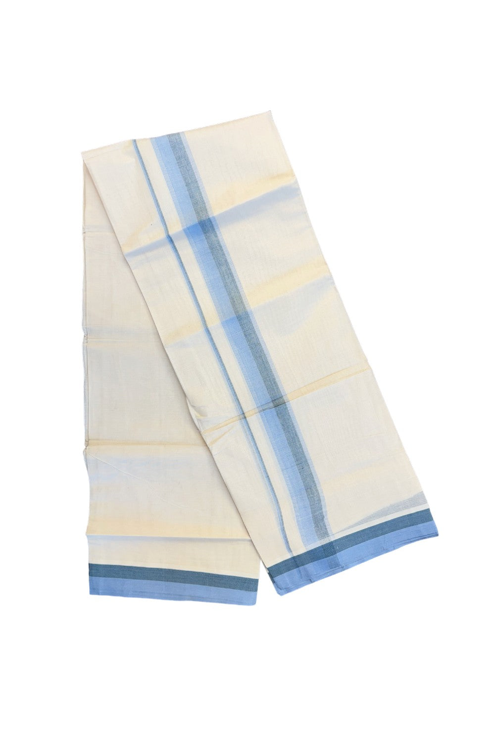 19% DISCOUNT ! KaithariKada Balaramapuram 100%  Cotton off white Double  Mundu/Dhoti - 100X100  Sky blue & peacock green shaded kara with stripes - 12KK81VIN