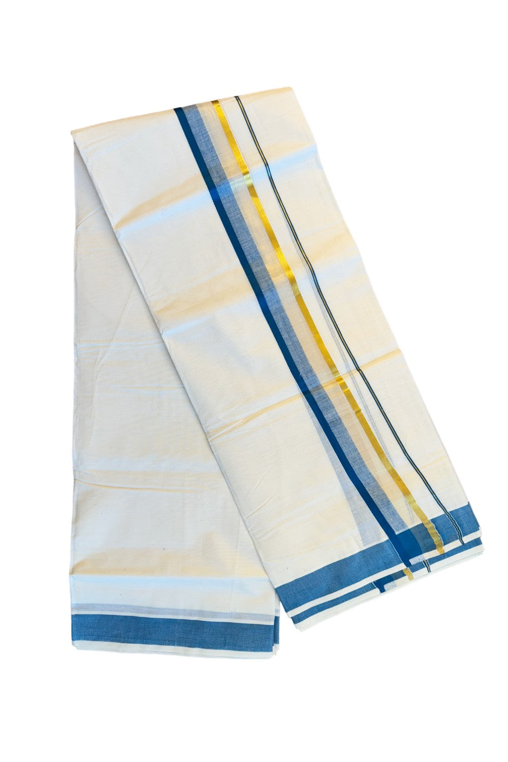 16% DISCOUNT!!! KaithariKada Balaramapuram 100%  Cotton off white - (Unbleached) Double  Mundu/Dhoti - 100X100  peacock blue & kasavu  shaded kara - 12KK82VIN