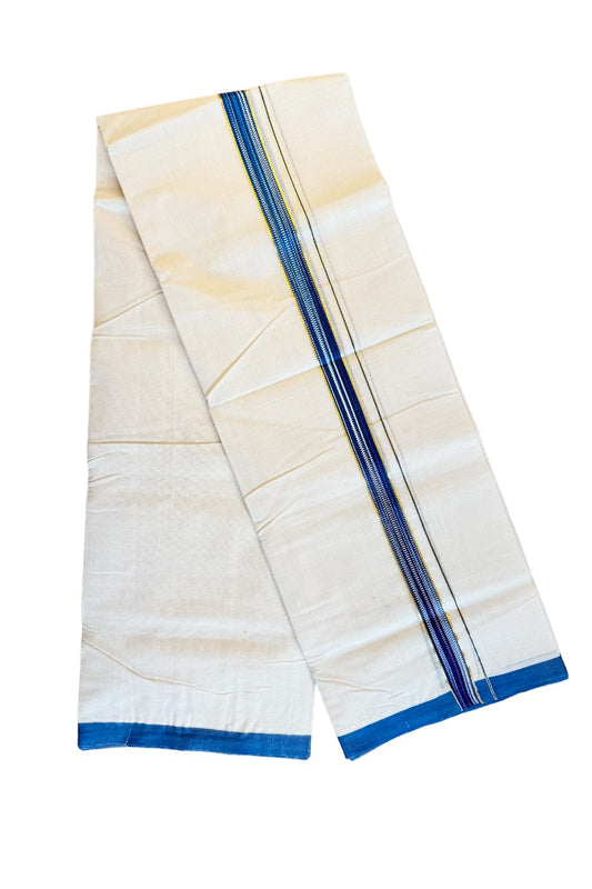 15% DISCOUNT!! KaithariKada HANDLOOM Unakkupaavu Balaramapuram - 100% PURE Cotton OFF White (Unbleached) Double Mundu/Dothi - BLUE + VIOLET Kasavu Striped 1 inch Kara-KK46SOM-12.