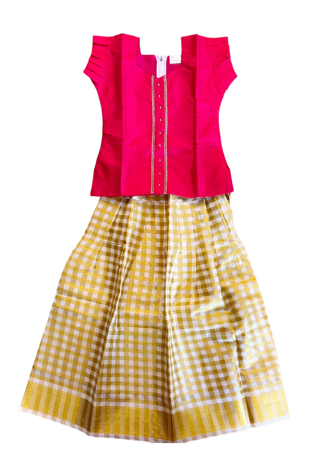 Midukki-Traditional South Indian Kids Pattu Pavada- Red top offwhite check skirt with kasavu - Age 8 - KK8MID0012