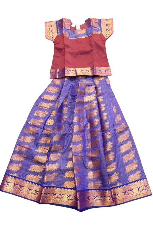 Midukki-Traditional South Indian Kids Pattu Pavada- Maroon top violet+copper skirt - Age 12 - KK12MID0012