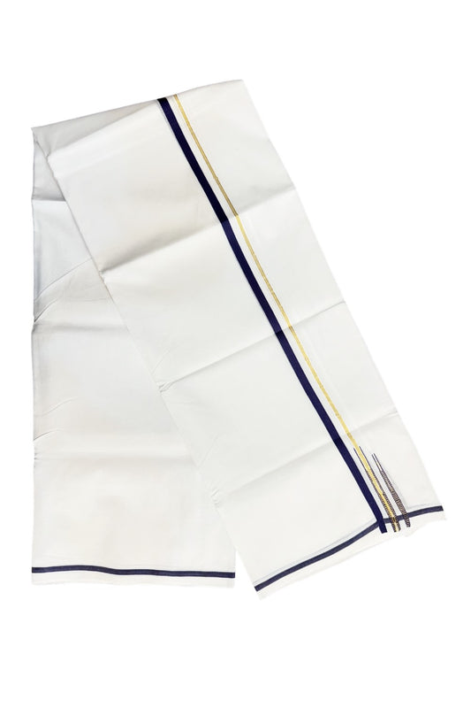 18% DISCOUNT! NEW!! KaithariKada Balaramapuram 100% Cotton PURE WHITE Double Mundu/Dhoti-100x100 1.cm  Puliyilakkara Double Chutty Kasavu & NAVY BLUE  Kara-KK47ASH-12.