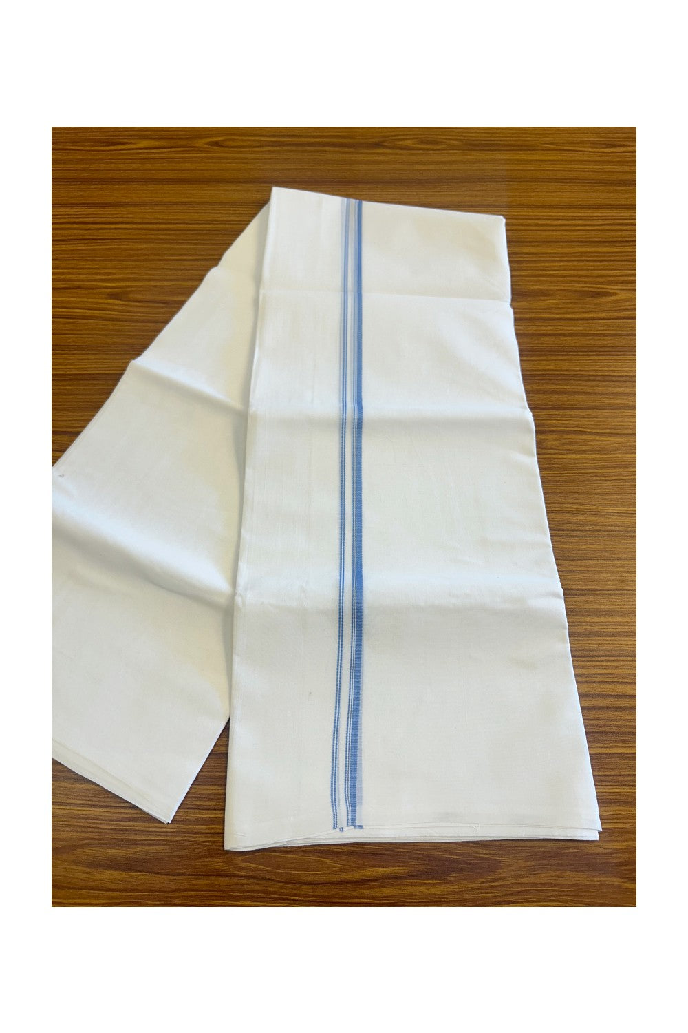 26% DISCOUNT ! KaithariKada Balaramapuram 100% Cotton Double Pure white Mundu/Dhoti-100X100 - Blue & Stripes 2cm Kara. - 30KK487KK