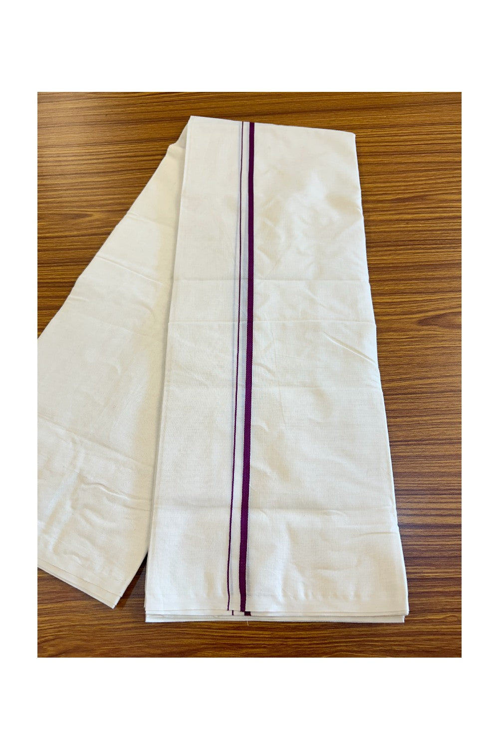 18% DISCOUNT ! KaithariKada Balaramapuram 100% Cotton Double Off white (Unbleached)  Mundu/Dhoti-100X100- 1.7 cm Purple Kara 3.72 mtr - 12KK417ASH