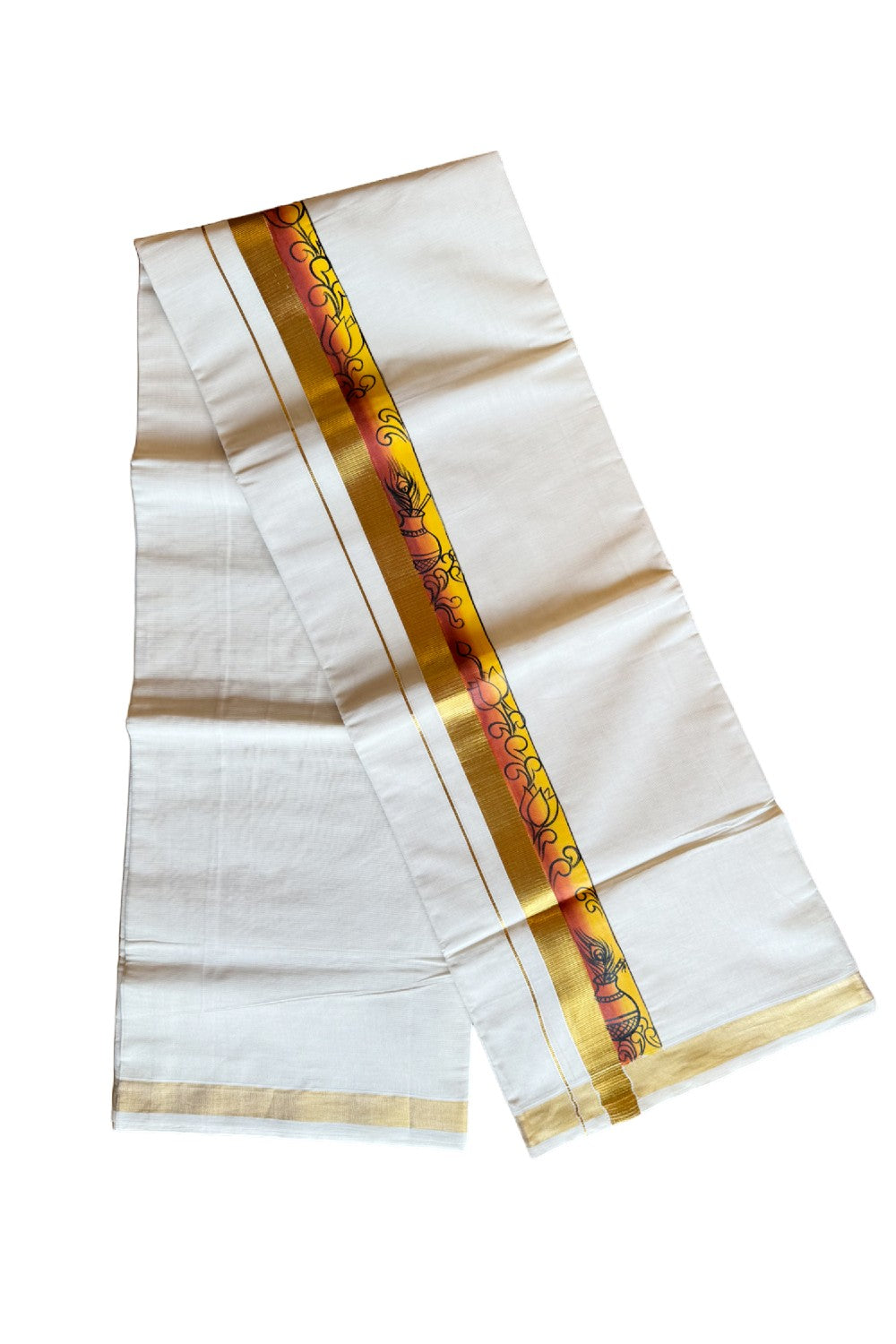 30% Discount! KaithariKada Balaramapuram 100% Cotton off white Double - (Unbleached) Mundu/Dhoti-80x72- Gold Kasavu HAND PAINTED Yellow Orange Flower Pattern 2.75 inch Kara - 12KK424CEE