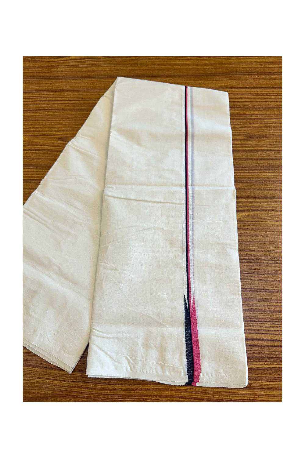 29% DISCOUNT! KaithariKada Balaramapuram 100% Cotton Double Off white Mundu/Dhoti-100x100  Puliyilakkara PINK & BLACK Chutty -  12KK429ASH