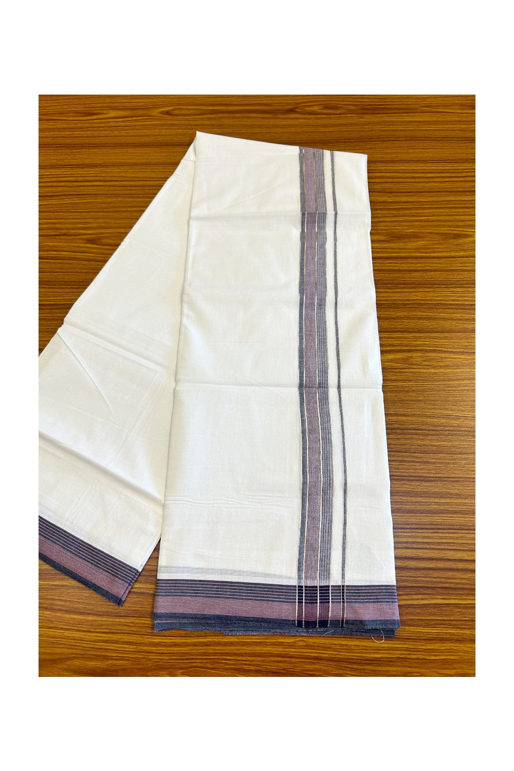 19% DISCOUNT!!! KaithariKada Balaramapuram 100% Cotton PURE white Double Mundu/Dhoti-100x90   2 Inch Silver kasavu Navy blue & Pink shaded stripes kara  - 12KK448VIN