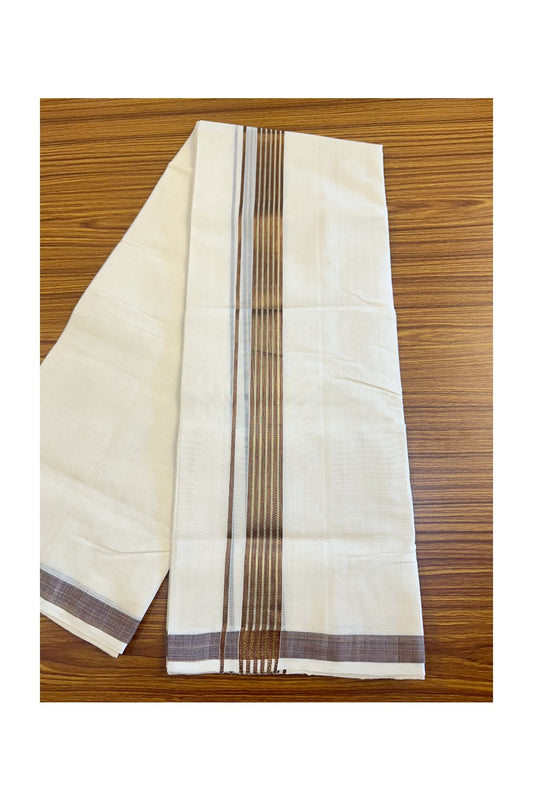 15% DISCOUNT!! KaithariKada HANDLOOM MILLPAAV Balaramapuram - 100% PURE Cotton OFF White - (Unbleached) Double Mundu/Dothi - 2.25 inch Brown & kasavu striped kara - 12KK453RAM