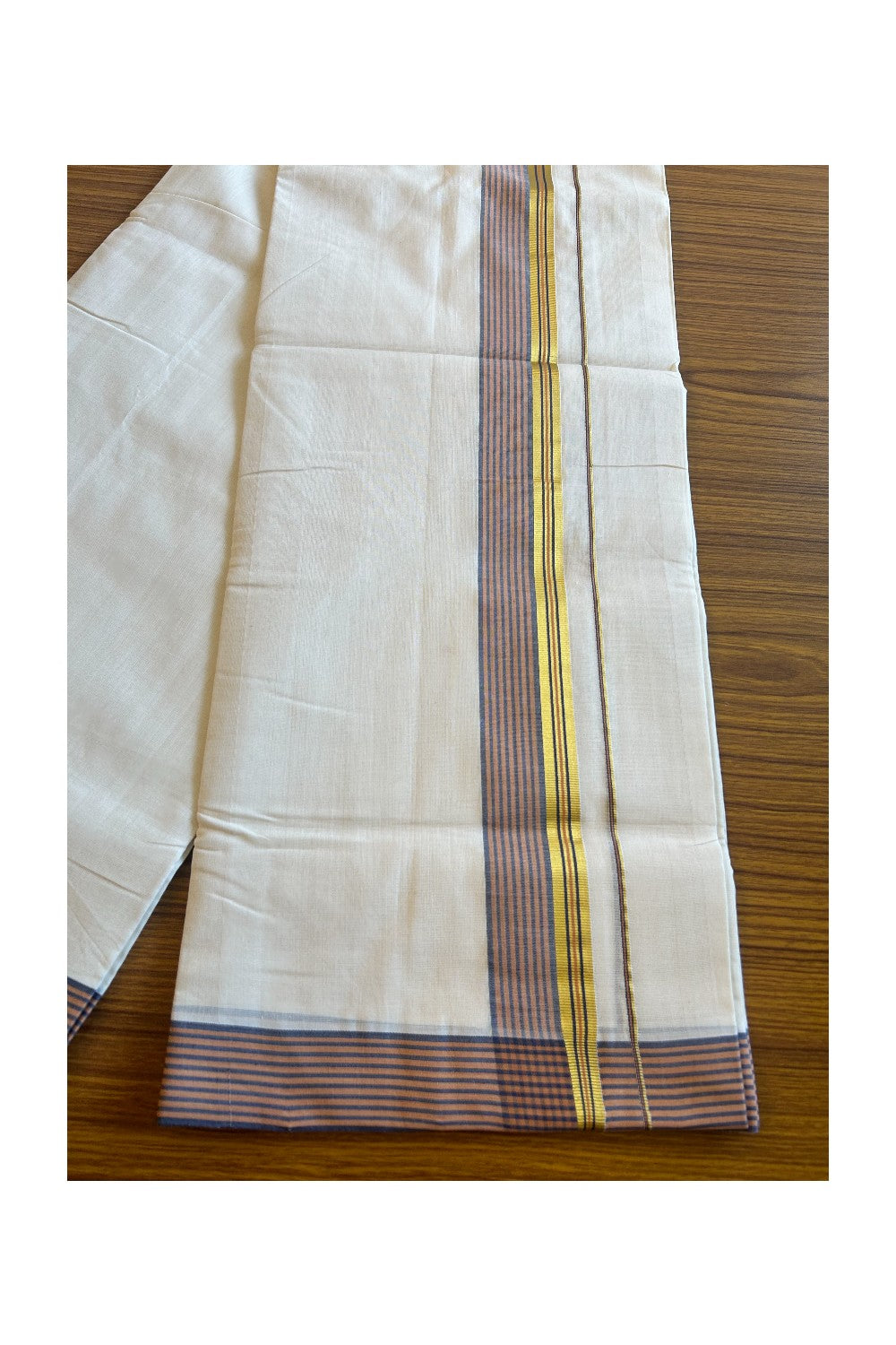 20% DISCOUNT!! KaithariKada HANDLOOM UNAKKUPAAV Balaramapuram - 100% PURE Cotton OFF White (Unbleached) Double Mundu/Dothi - 2.5 Inch Kasavu  Navy blue & Brown stripes Kara - 12KK456KK