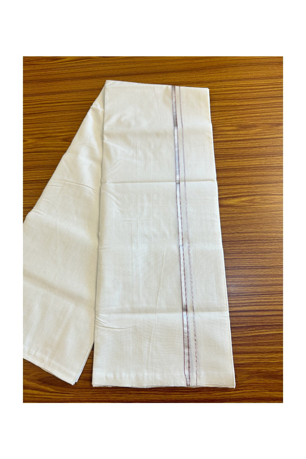 15% Discount!!! KaithariKada HANDLOOM UNAKKUPAAV Balaramapuram - 100% PURE Cotton off white (Unbleached) Double Mundu/Dhoti - 2 cm Silver kasavu red striped kara - 12KK458SOM