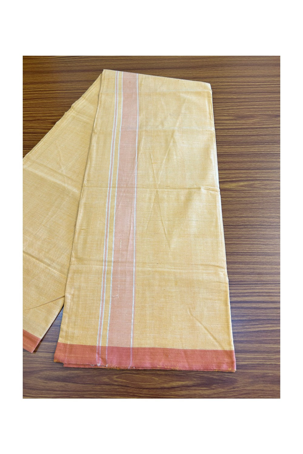 10% DISCOUNT ! KaithariKada Kalamachal 100% Pure Cotton - (80X80) Twisted Thread Handloom Single Mundu/Dhoti - Kannur YELLOW ORANGE COLOUR  BODY & Peach 2.5 inch Kara- 12KK479KAL