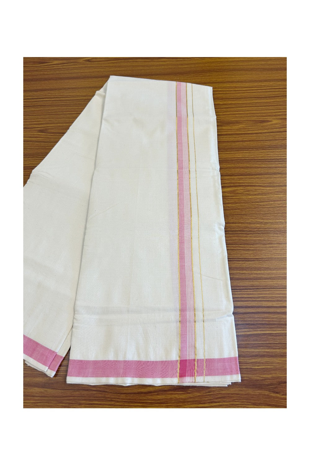 32% Discount KaithariKada 100% Cotton Balaramapuram HANDLOOM Single Mundu/Dhoti - Off White - (Unbleached) 1.5 inch Kasavu & Pink Striped Kara  - 12KK499KK