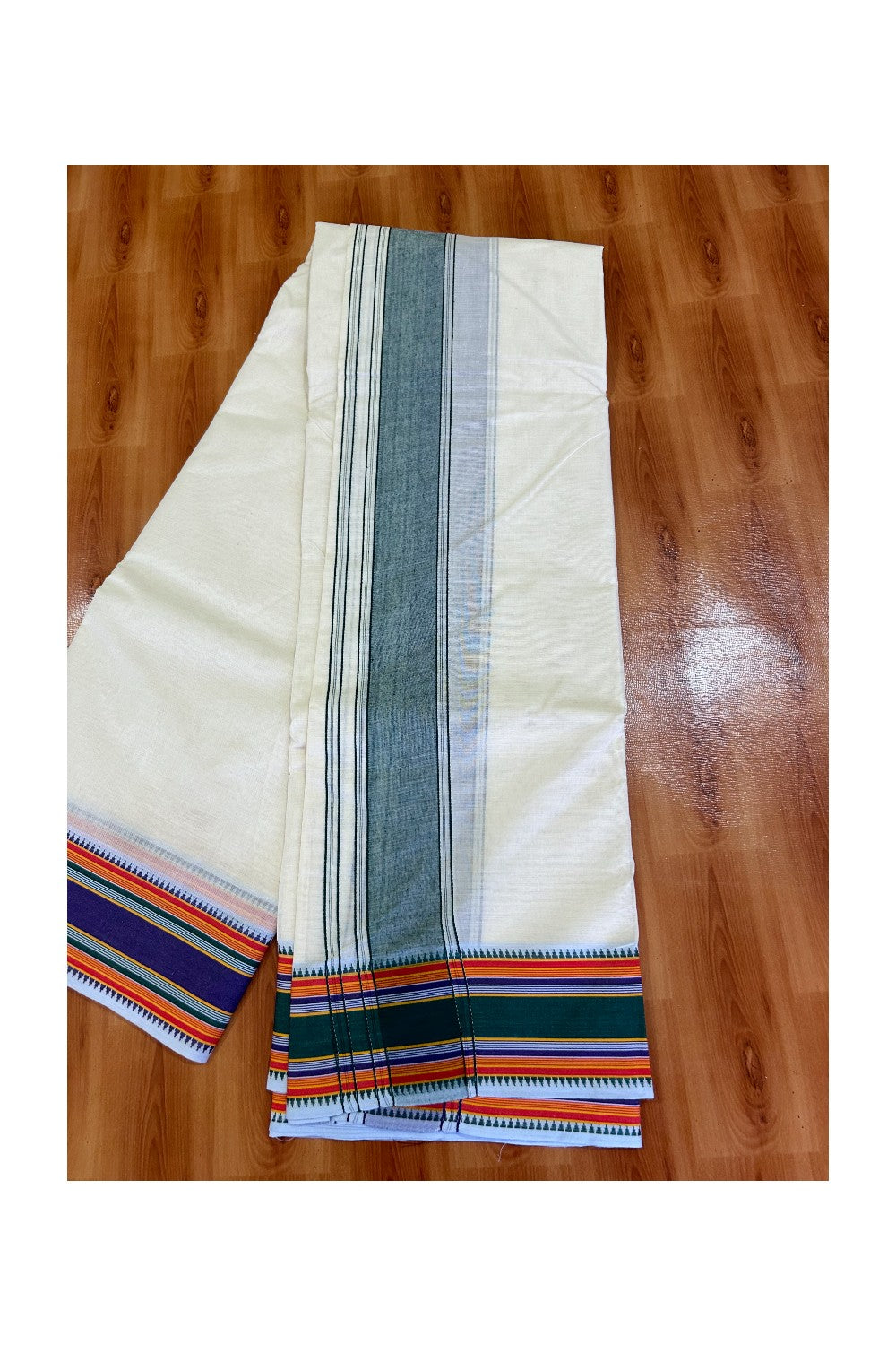 37% DISCOUNT! KaithariKada 100% Cotton Off White - (Unbleached) - Pure Cotton- 100x100 thread - NORTH INDIAN- ATTACHED GAMCHA 10x6 Dhoti Green kara with Violet Green & Orange Striped border -12KK5004PMC