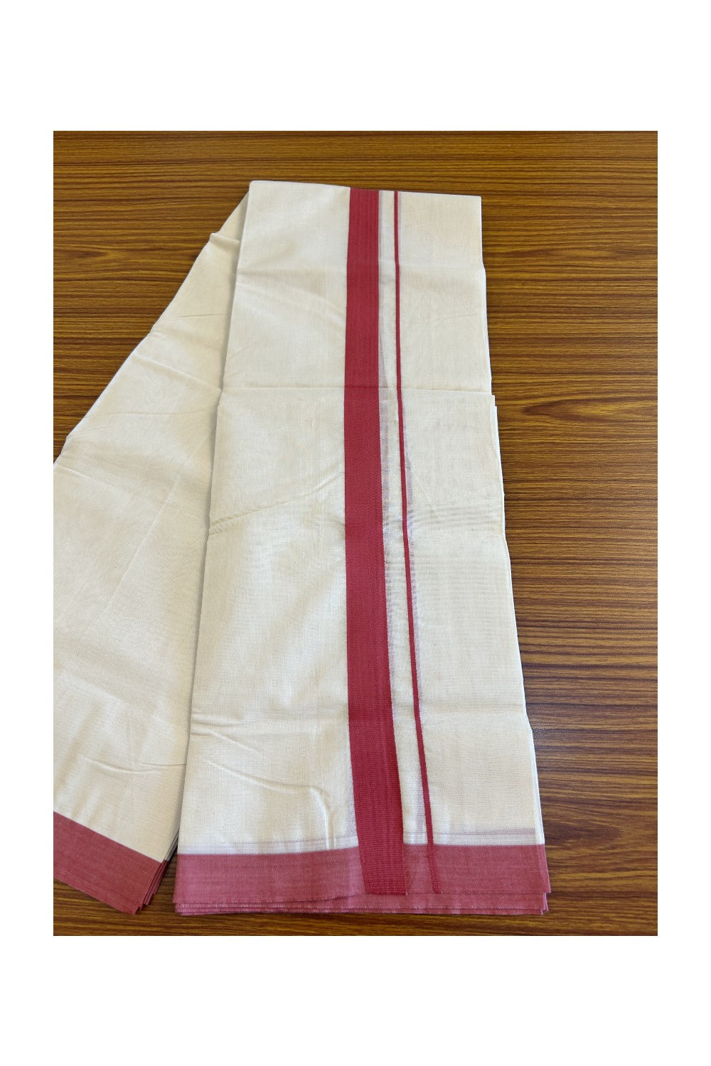 10% Discount KaithariKada Balaramapuram 100% Cotton Double Off white Mundu/Dhoti-100x100 1.75  inch Brick red Kara - 12KK500KK