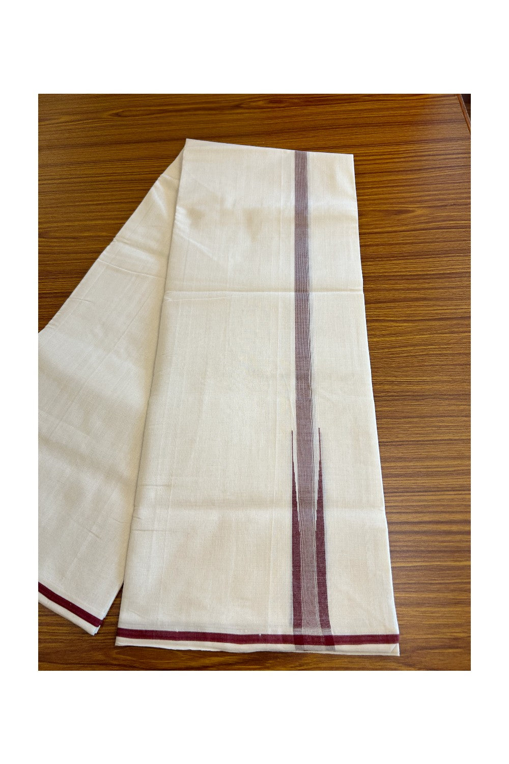 15% DISCOUNT!! KaithariKada HANDLOOM UNAKKUPAAV Balaramapuram - 100% PURE Cotton OFF White - (Unbleached) Double Mundu/Dothi - Puliyilakkara chutty 1 inch Maroon & Silver stripes - 12KK5011RAM