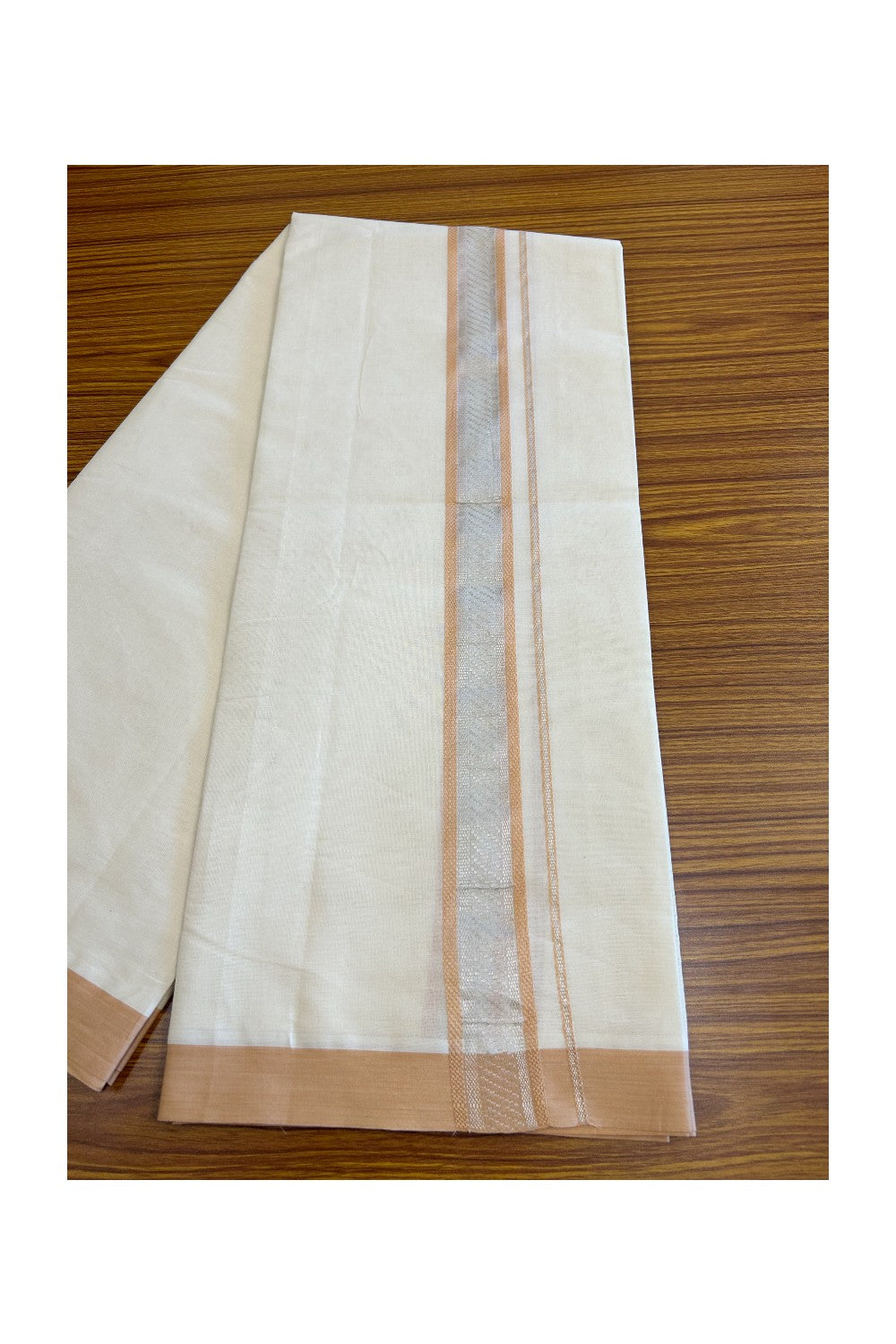 5% Discount!!! KaithariKada Balaramapuram  Double Off white - (Unbleached) Mundu/Dhoti - 80X90 - 2.25 inch SILVER  KASAVU & Orange brown pattern Kara - 12KK5037KAI