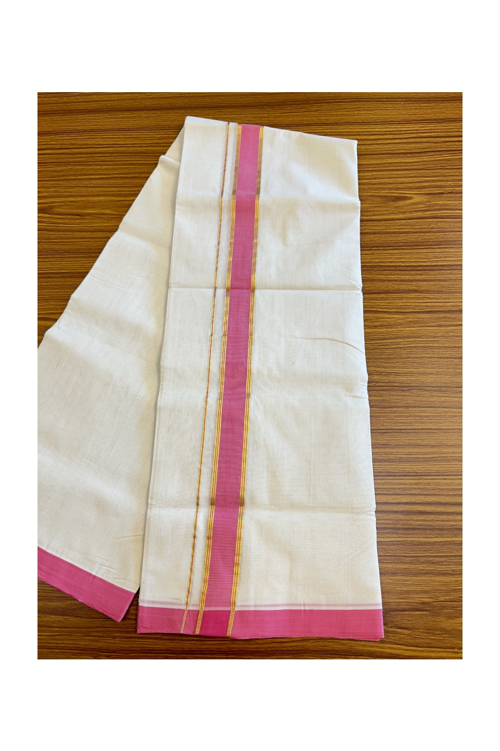 21% Discount KaithariKada HANDLOOM Unakkupaav Balaramapuram - 100% PURE Cotton Off White (Unbleached) Double Mundu/Dhoti -  2 inch Kasavu & Rose Pink-208