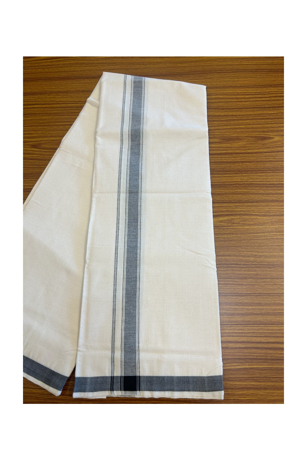 32% Discount KaithariKada 100% Cotton Balaramapuram HANDLOOM Single Mundu/Dhoti - Off White (Unbleached) 1.75inch (2 meter / 4 muzham) Black Kara Stripes- 328