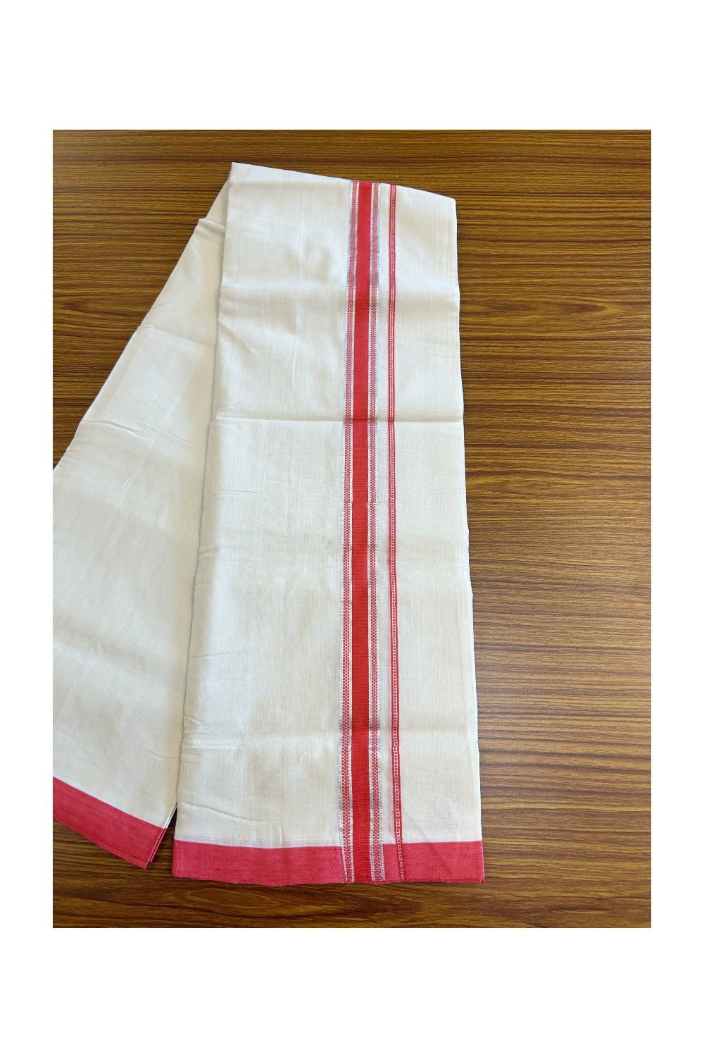 15% DISCOUNT! KaithariKada BALARAMAPURAM HANDLOOM UNAKKUPAAV - 100% PURE Cotton off white (Unbleached) Double Mundu/Dhoti -  1.75 inch Pink Red & Silver Kasavu Designer Kara- 3.60 mtr-52