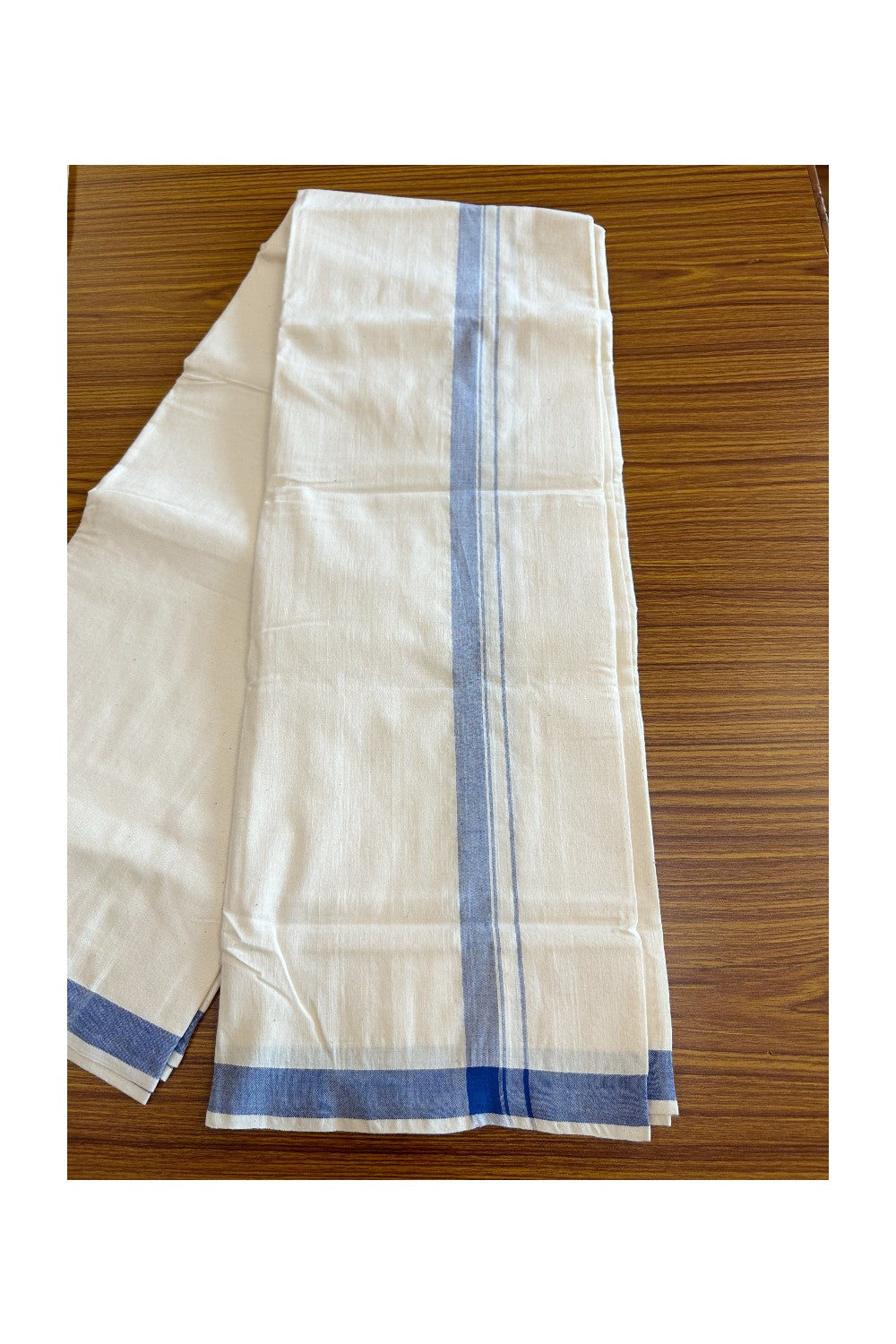 32% Discount ! KaithariKada 100% Cotton Balaramapuram HANDLOOM Single Mundu/Dhoti - Off White - (Unbleached) 1.25 inch Blue Kara - 12KK5065KK