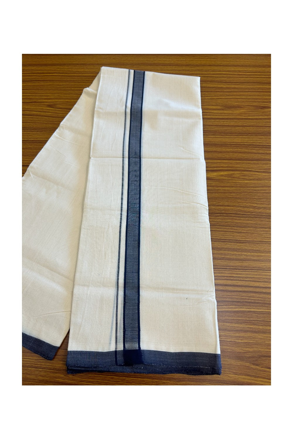 15% DISCOUNT! KaithariKada BALARAMAPURAM HANDLOOM Unakkupaav- 100% PURE Cotton 100x100 Double Mundu/Dhoti OFF WHITE (Unbleached) 3.8 mtr - Dark Navy Blue Kara