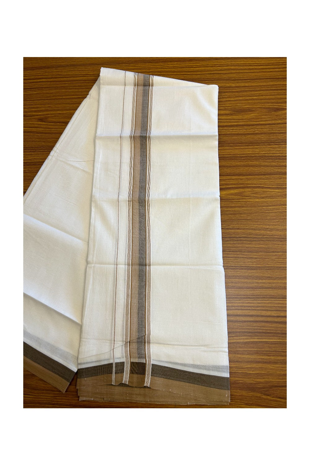 21% DISCOUNT!! Kaitharikada Balaramapuram 100% Cotton Ultra WHITE Double Mundu/Dothi-100x80 2.5 Inch Brown And Walnut Brown Striped Cotton Kara - 12KK5067KK