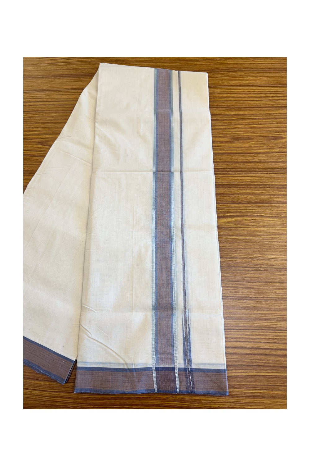 15% DISCOUNT!! KaithariKada BALARAMAPURAM HANDLOOM Unakkupaav- 100% PURE Cotton 100x100 Double Mundu/Dhoti OFF WHITE - (Unbleached) PULIYILAKKARA SILVER & Kasavu BLUE &  BROWN COLOUR 1.5 inch KARA-1KK44RAM.