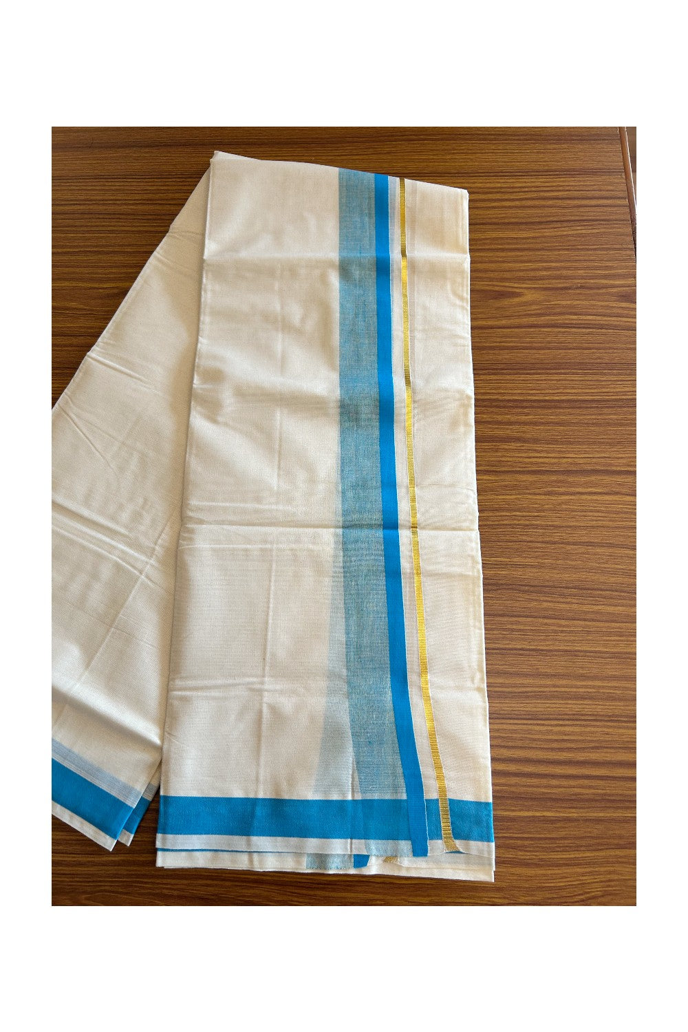 10% DISCOUNT!!! KaithariKada Balaramapuram 100%  Cotton off white - (Unbleached) Double  Mundu/Dhoti - 80X72 blue & kasavu shaded kara - 13KK57VIN