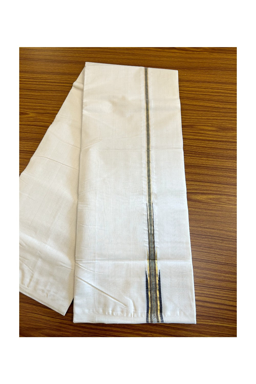 21% DISCOUNT!! KaithariKada HANDLOOM Millpaav Balaramapuram - 100% PURE Cotton OFF White (Unbleached) Double Mundu/Dothi - Puliyilakkara Kasav & Black temple Chutty - 46KK403RAM