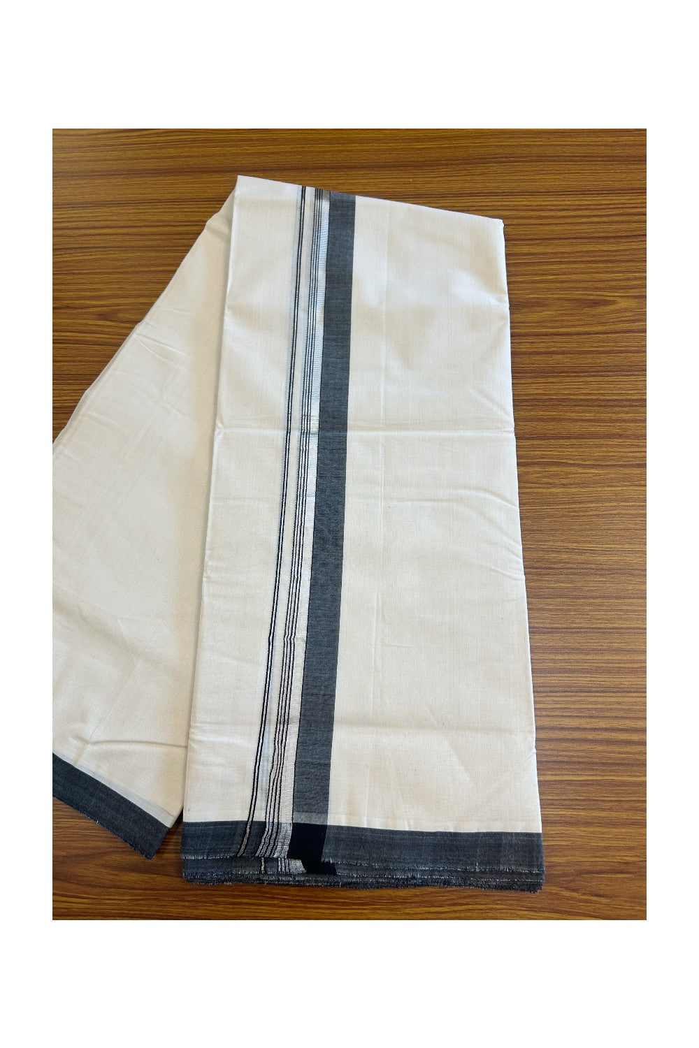 19% Discount !! KaithariKada HANDLOOM millpaav Balaramapuram - 100% PURE Cotton OFF White Double - (Unbleached)  Mundu/Dothi - 2.25  inch Silver kasavu stripes & Black shaded kara 4.5 Meters (10 Muzham) - 12KK5081RAM