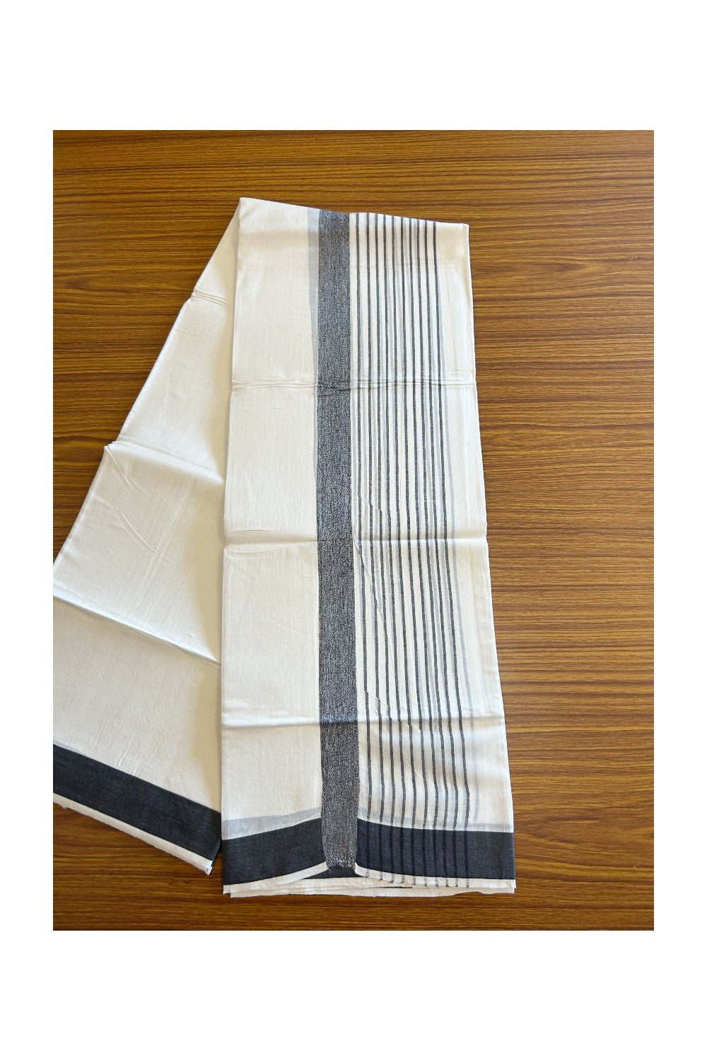 20% DISCOUNT!! KaithariKada Balaramapuram 100% Cotton PURE WHITE Double Mundu/Dhoti - 100x80 - 4.5 inch Black Shaded striped kara - 12KK5109THI