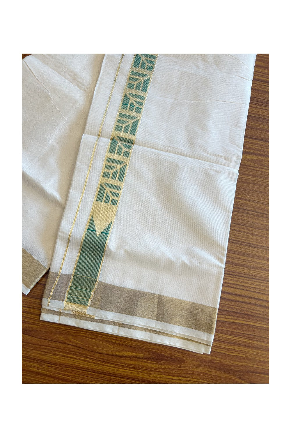 20% DISCOUNT ! KaithariKada Balaramapuram Mixed Cotton OFF White (Unbleached) Double Mundu/Dhoti - 80x80 Thread Mixed Cotton - 2.25 inch Gold kasavu & Green design Chutty kara - 12KK5113PMC