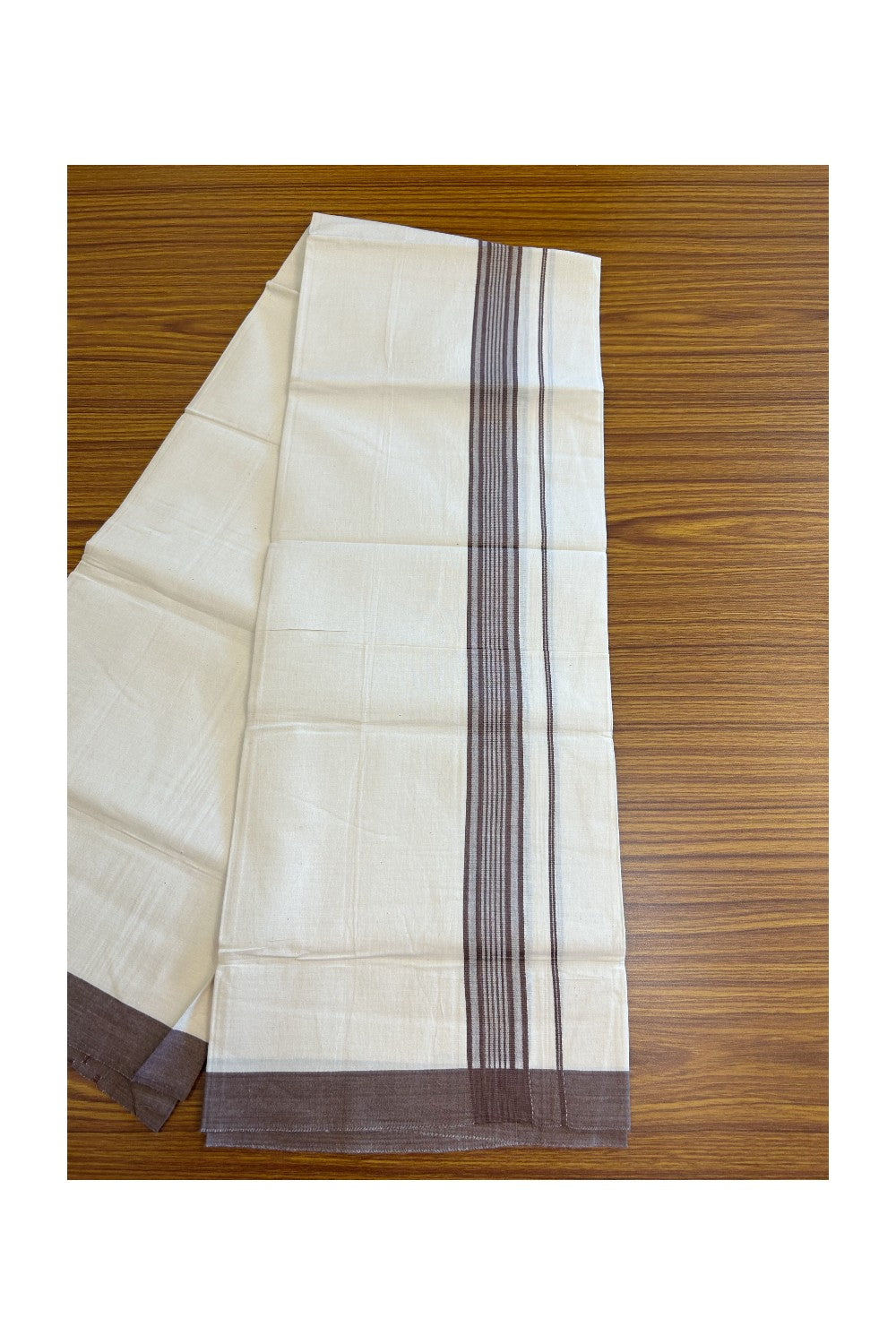 8% Discount ! Kaitharikada Balaramapuram 100% Cotton OFF WHITE SINGLE Mundu/Dothi (40s) - 2 inch Brown & White shaded Stripes Kara (2 meter / 4 muzham) - 12KK5114THI