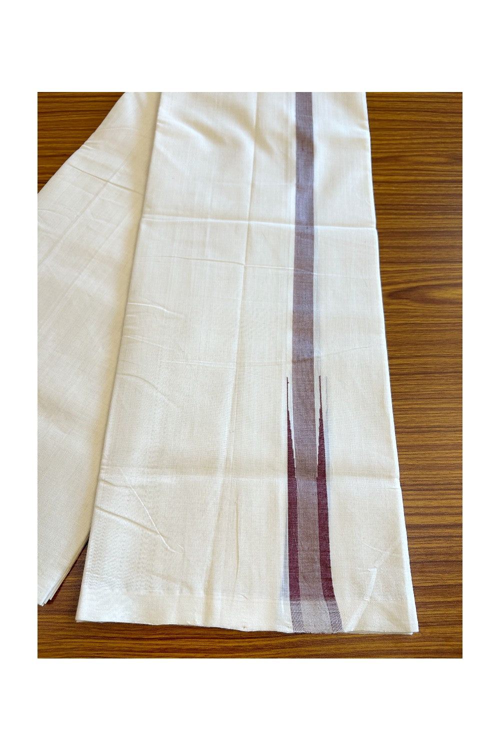 30% DISCOUNT! KaithariKada BALARAMAPURAM HANDLOOM UNAKKUPAAV - 100% PURE Cotton Off white (Unbleached) Double Mundu/Dhoti - 1.25 inch Dark Maroon & Silver Kasav Chutty Kara - 12KK5123RAM