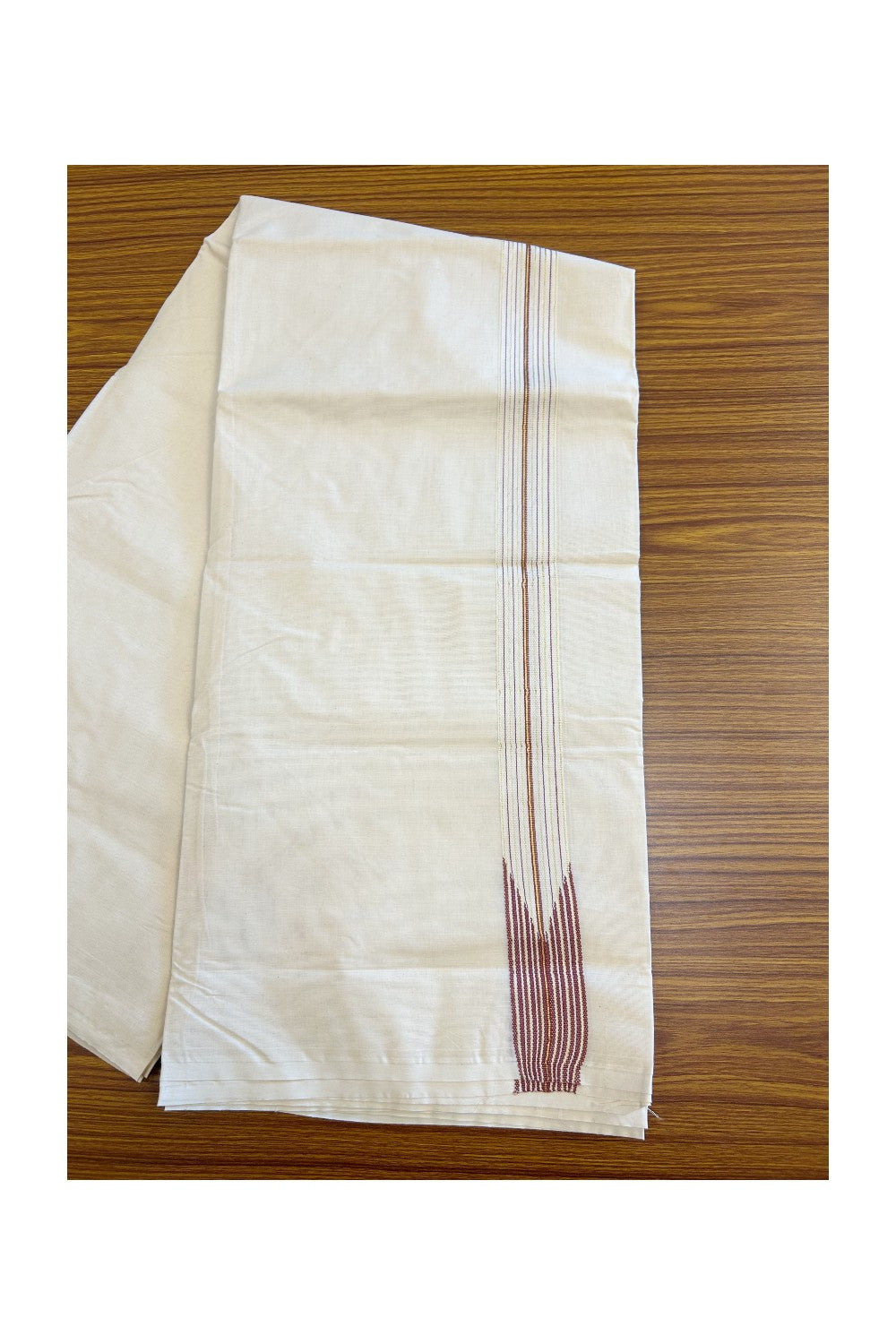 19% DISCOUNT ! KaithariKada 100% Cotton OFF WHITE - (Unbleached) Double Dhoti/Mundu- 100x100 -1.5 inch 12 Line Puliyilakkara Light Maroon & Kasavu Striped Kara- 12KK5133ASH