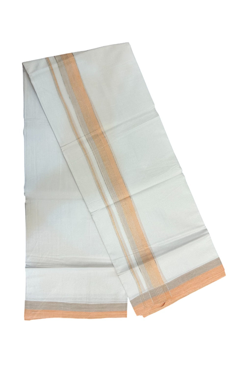 20% Discount !! KaithariKada Balaramapuram Double PURE WHITE Mundu/Dhoti- 100x80 - 1.5 inch Peach Light Brown Kara Silver Striped kara - 12KK5143PMC