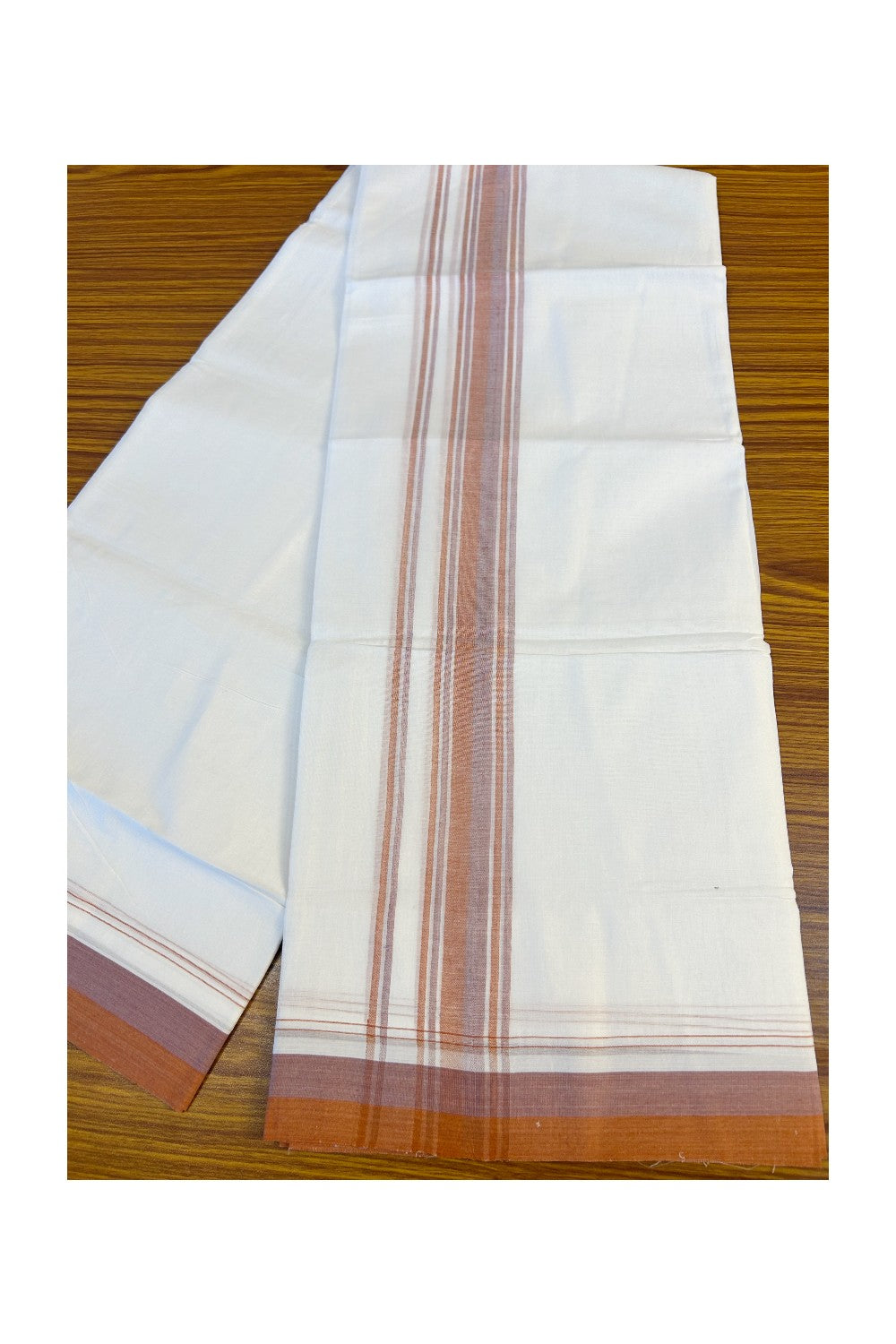 21% DISCOUNT!! Kaitharikada Balaramapuram 100% Cotton Ultra WHITE Double Mundu/Dothi-100x80  2.5 Inch BROWN & PINK STRIPED Cotton Kara -12KK63VAS