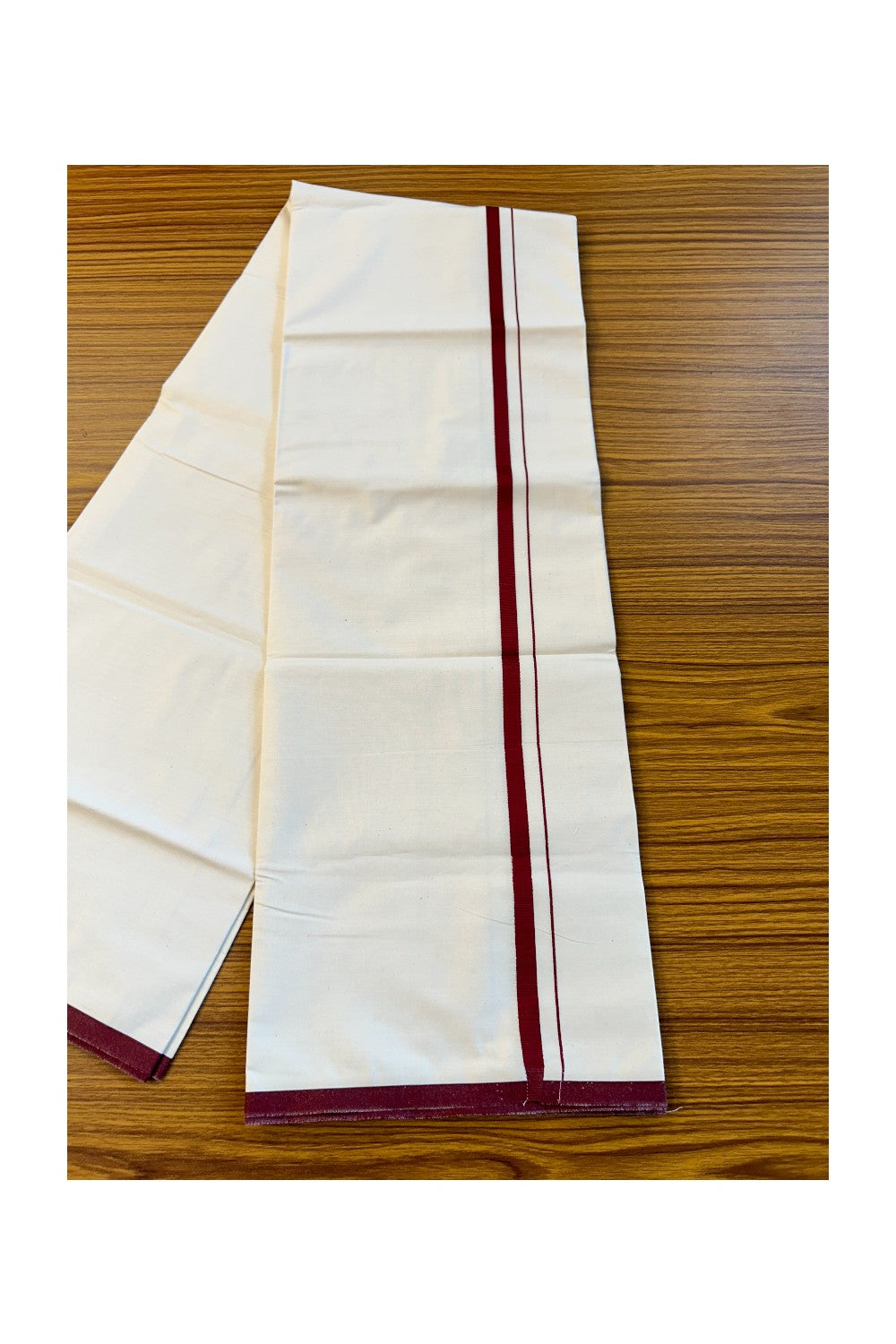 10% DISCOUNT ! KaithariKada Balaramapuram 100%  Cotton Single Off white (Unbleached) Mundu/Dhoti-(60S)- 2.5 cm MAROON  Kara-12KK76MC.