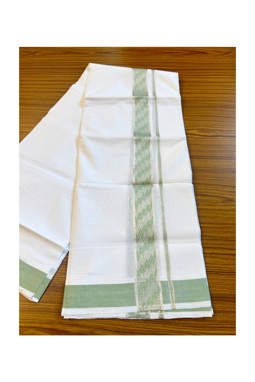 20% DISCOUNT! KaithariKada Balaramapuram 100% Cotton Double PURE white Mundu/Dhoti-100x100  2.25 Inch Silver kasavu parrot green pattern Kara  - 12KK79PMC