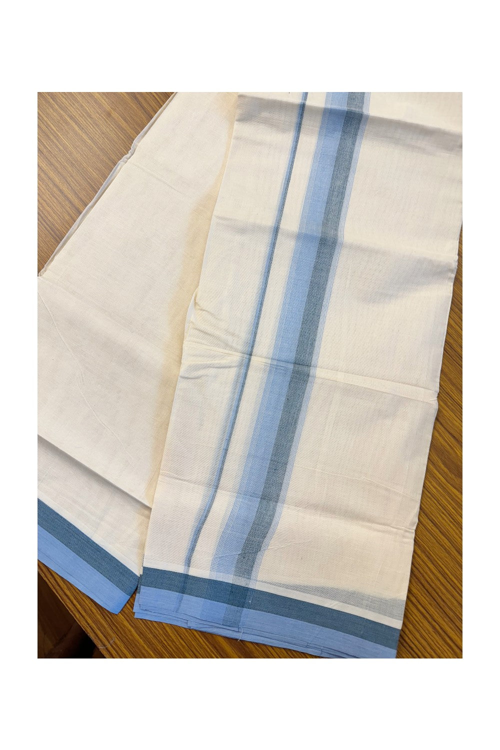 19% DISCOUNT ! KaithariKada Balaramapuram 100%  Cotton off white Double  Mundu/Dhoti - 100X100  Sky blue & peacock green shaded kara with stripes - 12KK81VIN