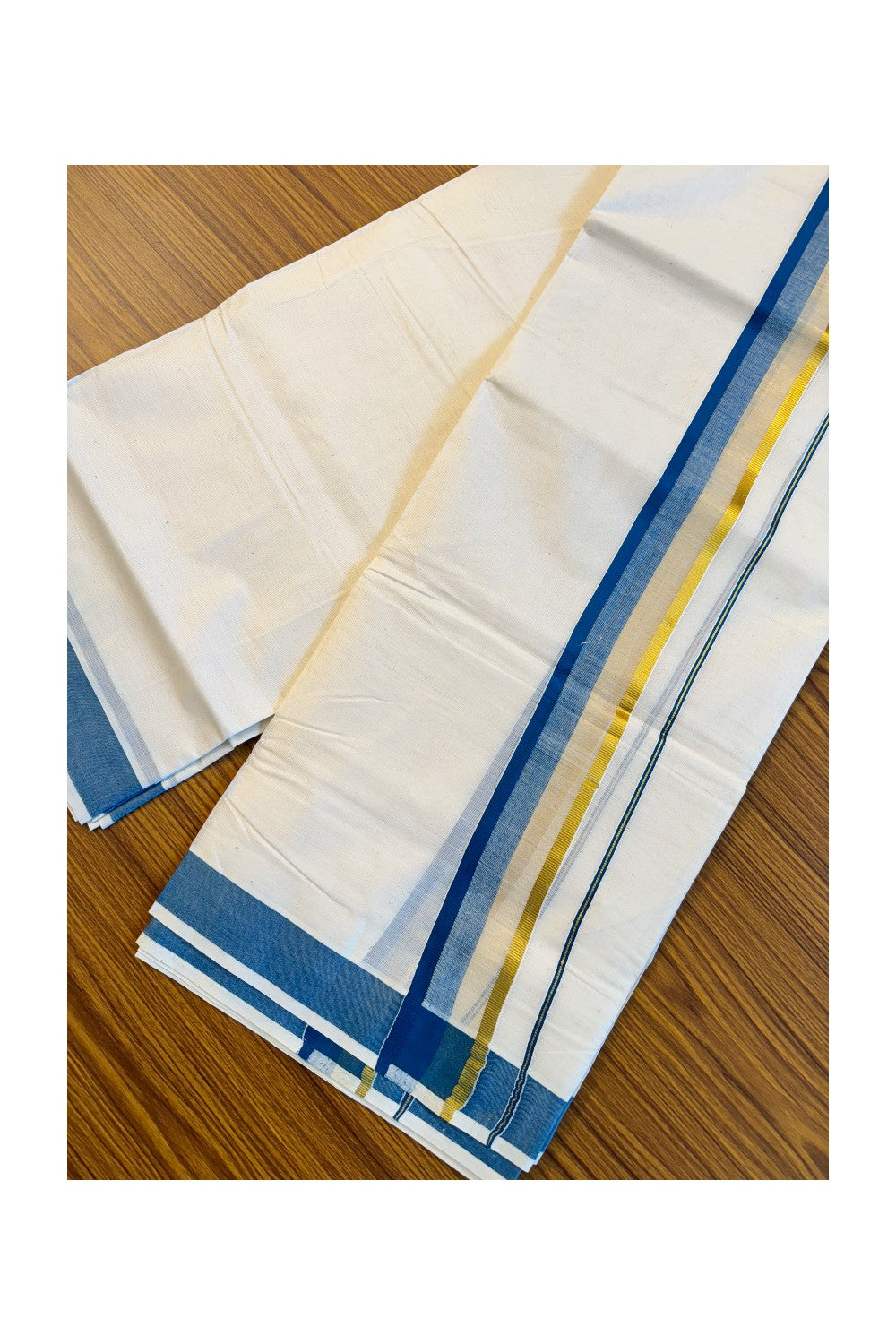 16% DISCOUNT!!! KaithariKada Balaramapuram 100%  Cotton off white - (Unbleached) Double  Mundu/Dhoti - 100X100  peacock blue & kasavu  shaded kara - 12KK82VIN