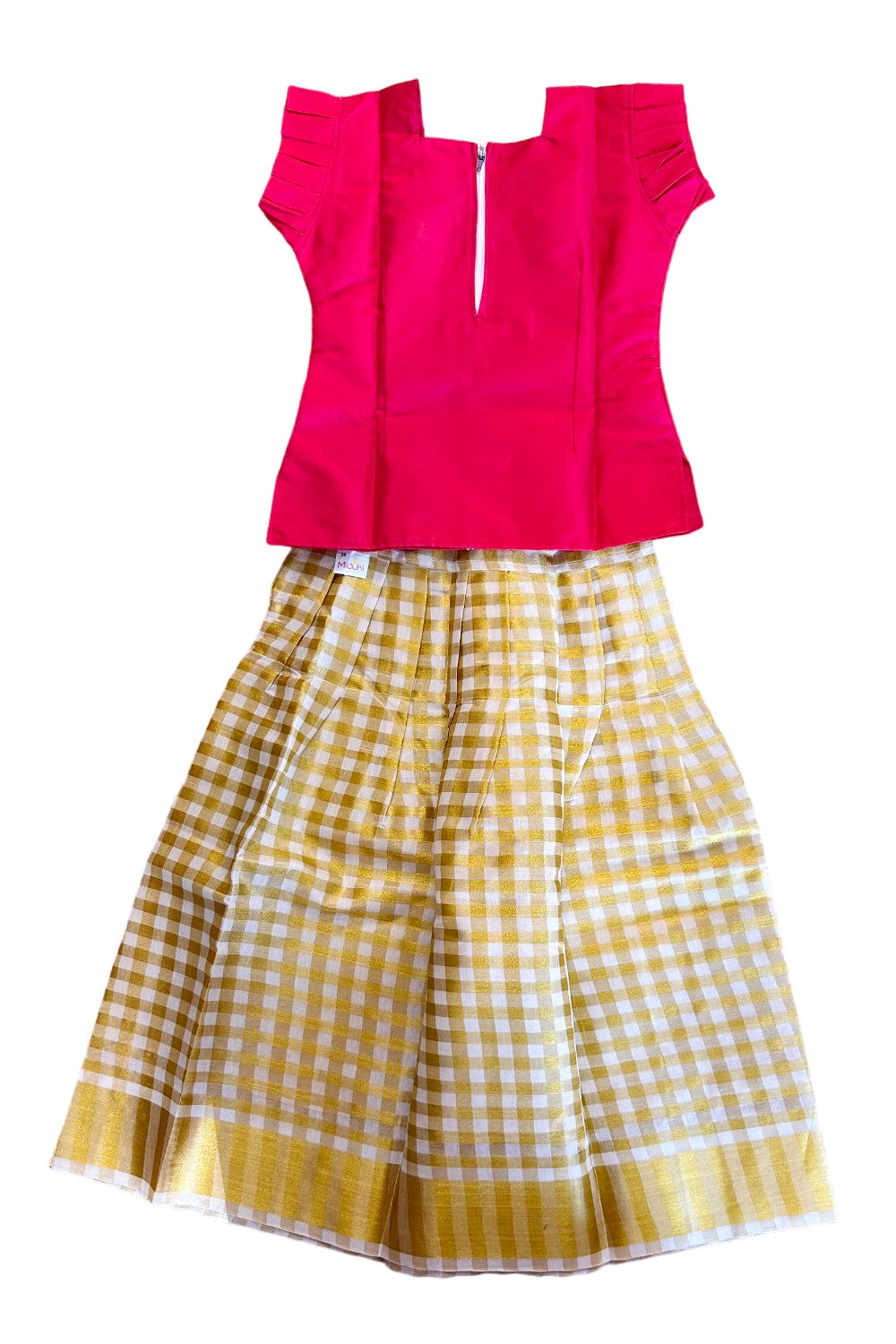 Midukki-Traditional South Indian Kids Pattu Pavada- Red top offwhite check skirt with kasavu - Age 8 - KK8MID0012