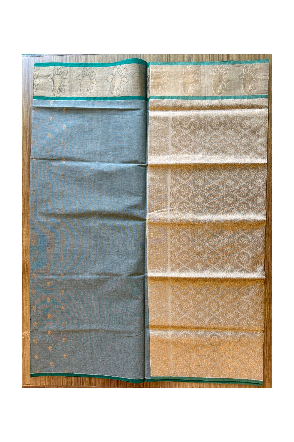 KaithariKada- Balaramapuram Saree - 100% PURE Cotton Silk -Sage Green, Green & Cream Design -12KK1005PAN.