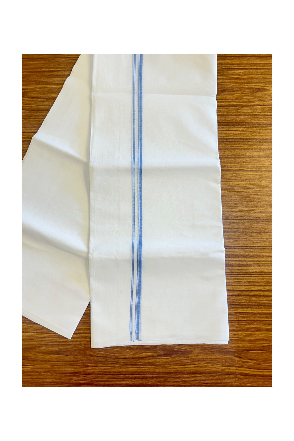 26% DISCOUNT ! KaithariKada Balaramapuram 100% Cotton Double Pure white Mundu/Dhoti-100X100 - Blue & Stripes 2cm Kara. - 30KK487KK