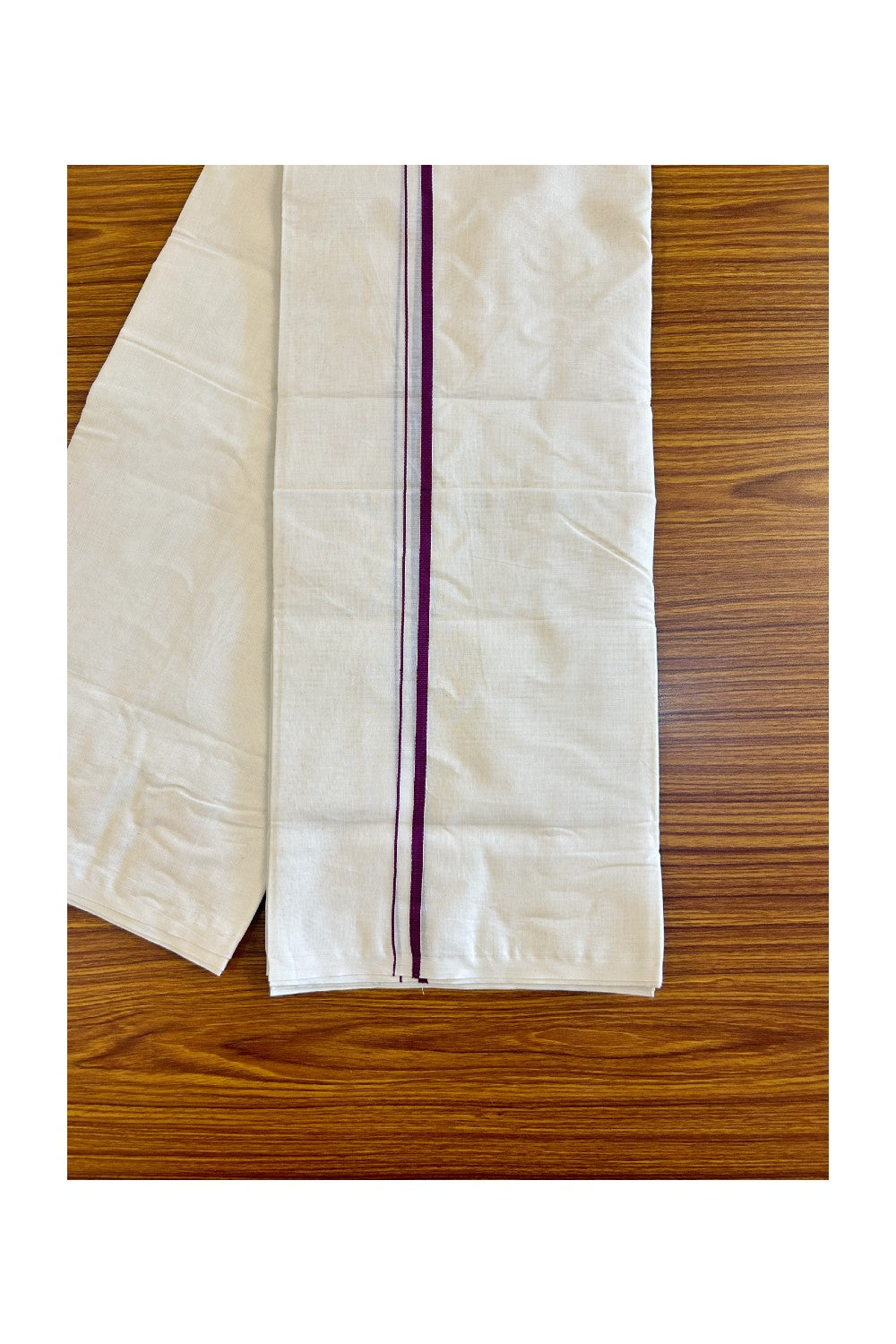 18% DISCOUNT ! KaithariKada Balaramapuram 100% Cotton Double Off white (Unbleached)  Mundu/Dhoti-100X100- 1.7 cm Purple Kara 3.72 mtr - 12KK417ASH